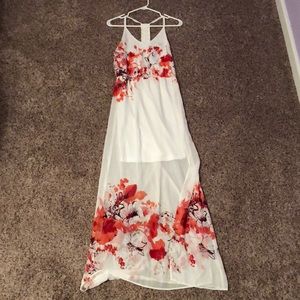 white/pink floral maxi dress w side slit
